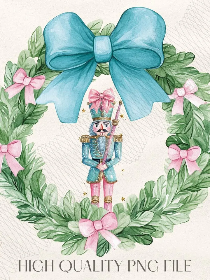 Christmas Toile PNG Nutcracker Wreath Christmas PNG Preppy Nutcracker Blue Toile Coquette Bow PNG Christmas Blue Digital Design Pink Bow png