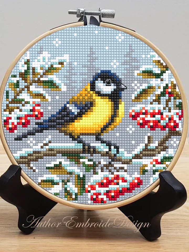 Winter bird cross stitch pattern PDF download Titmouse cross stitch chart, Christmas pattern digital PDF, Snow nature cross stitch #N166