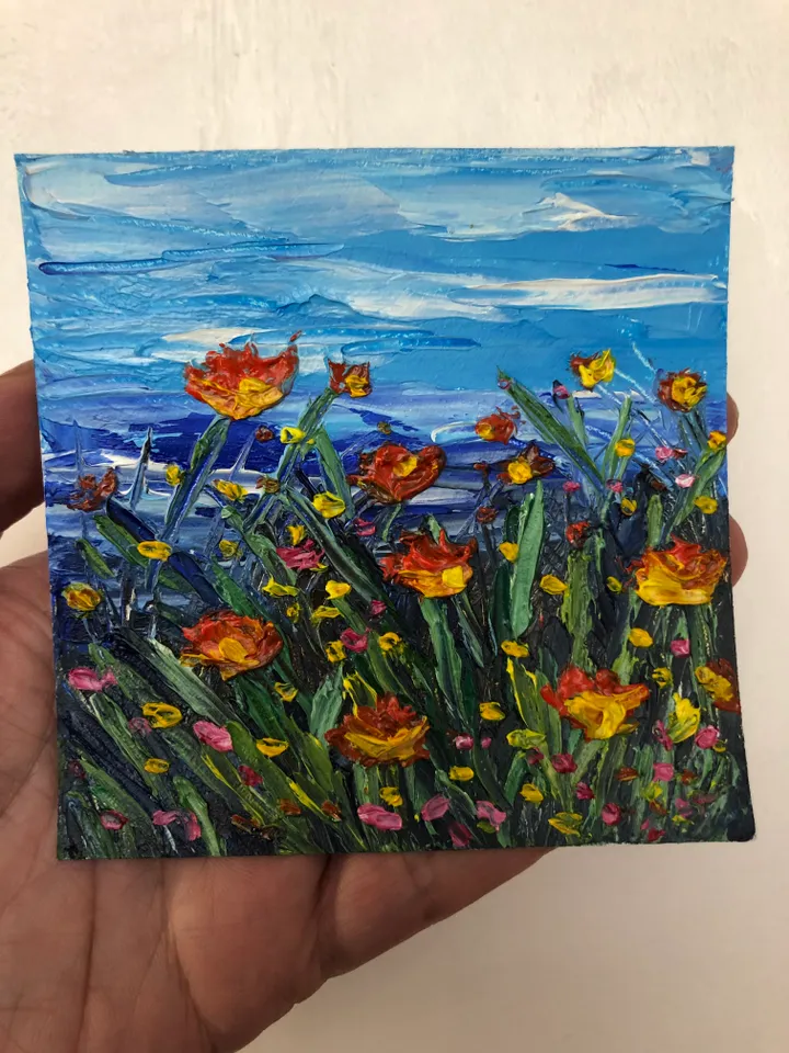 Poppy field small painting impasto wall art Original oil painting 4x4 inches