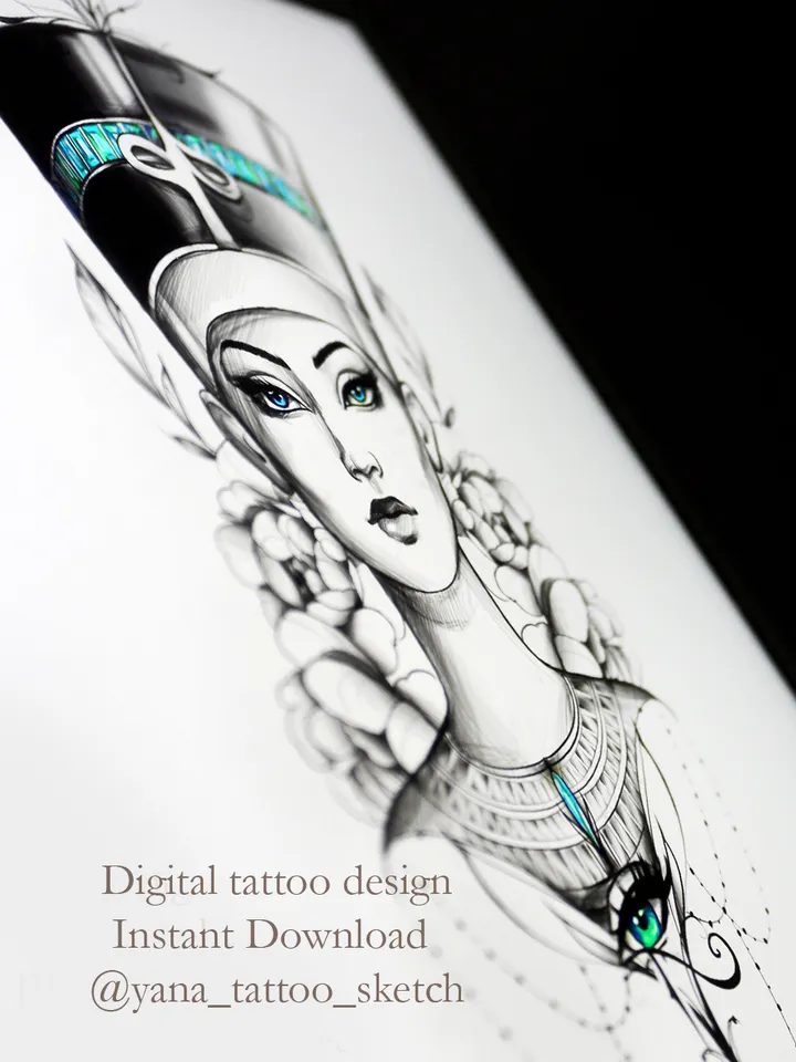 Nefertiti Tattoo Design Eye Of Horus And Nefertiti Tattoo Stencil Drawing Egyptian Tattoo Idea, Instant download PDF, JPG