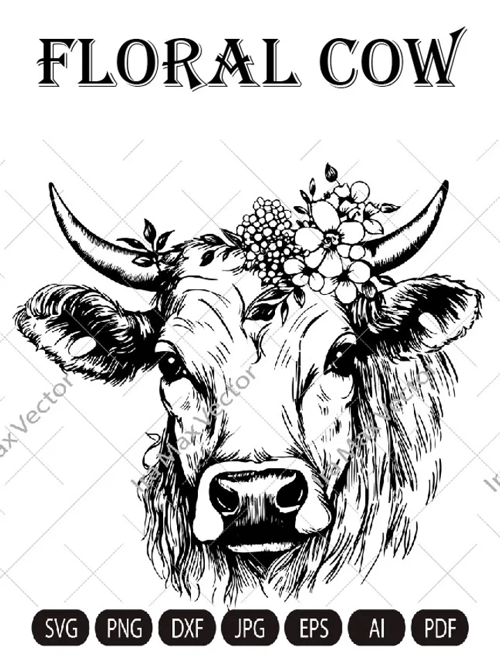 Cow SVG file, Cow with Flower Crown SVG, Cow cut file, Animal Floral Crown, Cow with Flowers on Head, Cute Cow svg