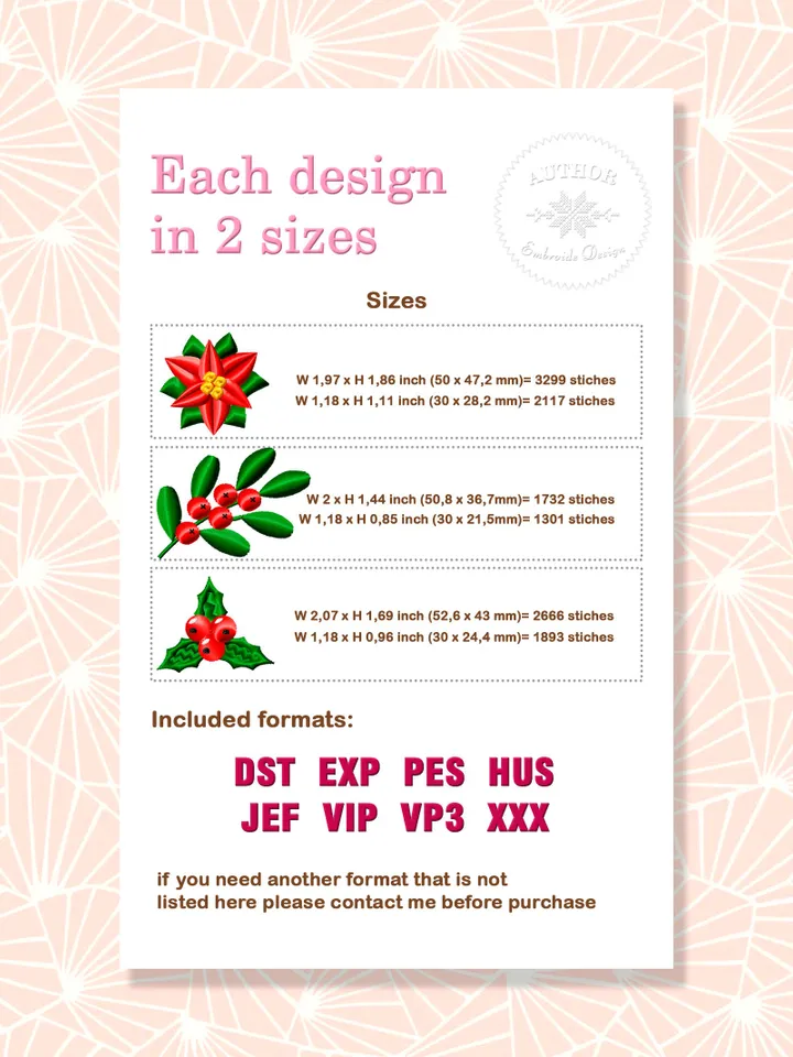 Mini Christmas embroidery designs Machine embroidery pattern 2 size, Poinsettia embroidery file, Holly berry embroidery design #R2