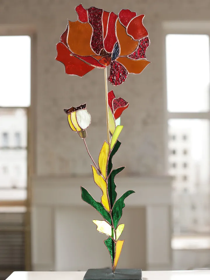 Poppy with Bud, Seed Pod, and Leaf on a Stand, Stained Glass Poppy, Tiffany Style Wildflower, Decorative Glass Poppy, Poppy Flower with Bud and Leaf, Handmade Glass Bloom, Poppy on a Stand