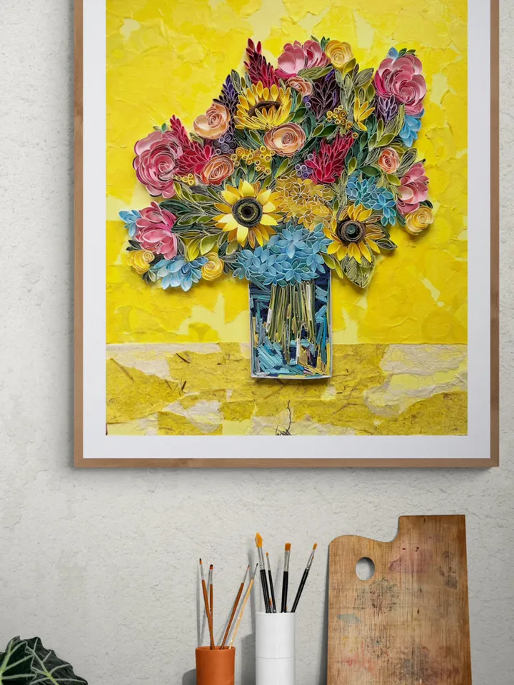 Original quilled wall art Paper painting Bouquet with sunflowers | Quilling Art