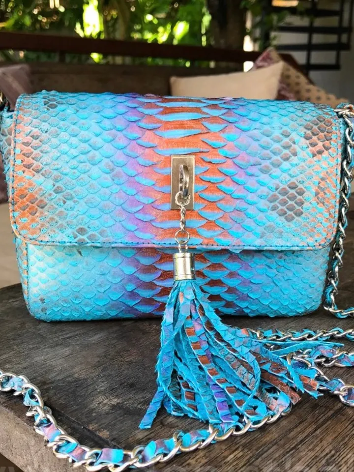 Genuine python skin light blue summer tassel women crossbody bag | Leather Handnade Bag | Exotic leather Bags | Chain small elegant Bag