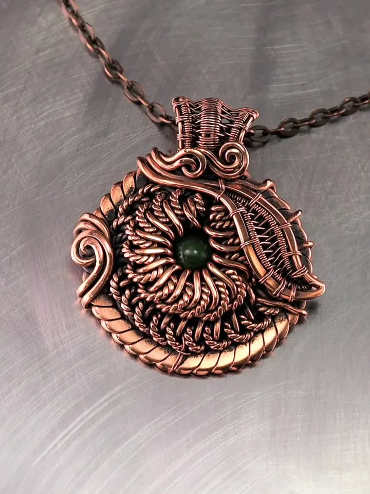 Natural green jade copper wire wrapped pendant Elegant leaf and flower necklace