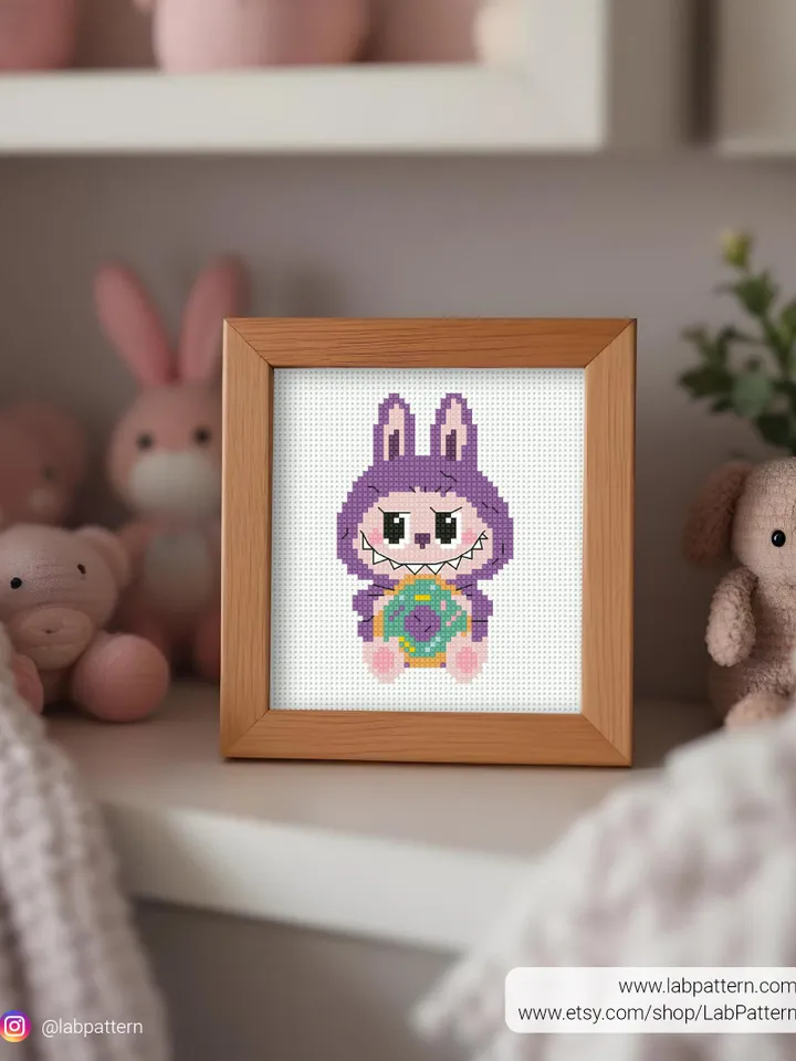 Cute monster with Donut Cross stitch pattern PDF, Small Cross stitch, Kawaii, beginner counted, Tiny modern chart, gift DIY, embroidery
