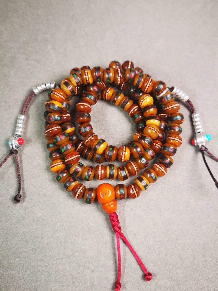 Gandhanra Handmade Antique Yak Bone Beads Mala,108 Prayer Beads Necklace with Bead Counters,for Meditation and Prayer