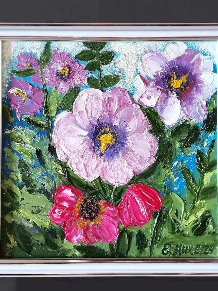 Oil painting flowers "Hollyhocks in the garden"20x20 cm, (7,87x7,87 inches) , 3D, impasto