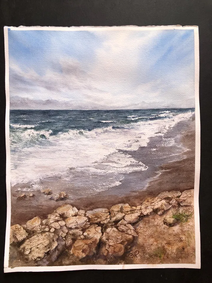 Seascape Original Painting Beach Watercolor Wall Art Clouds and Sea Painting