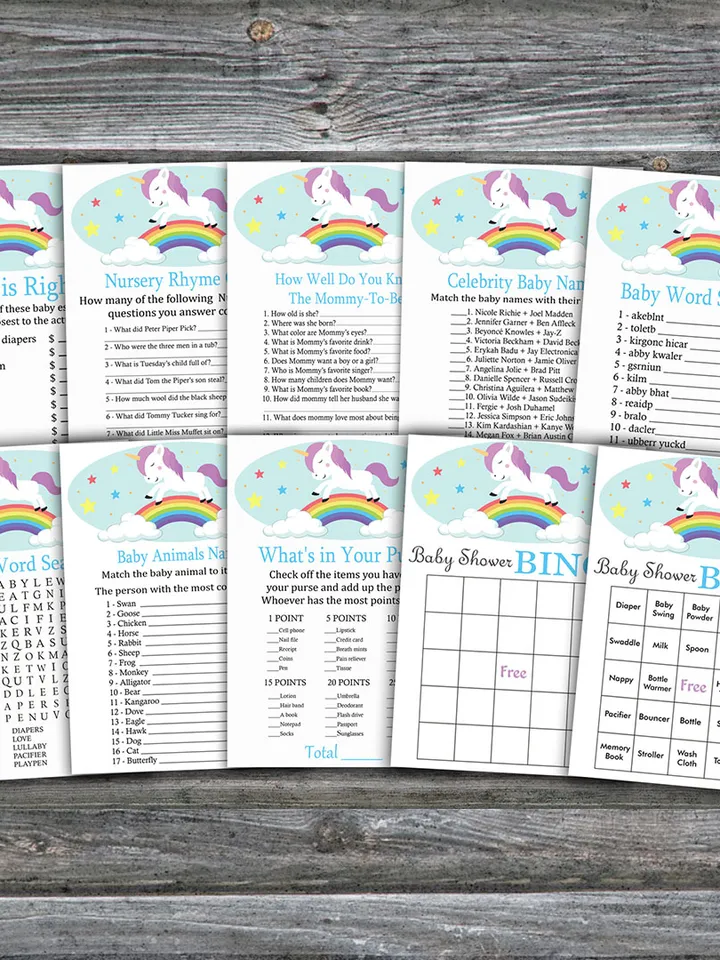 Unicorn baby shower games bundle,Rainbow Baby Shower games package,Fun Baby Shower Games,9 Printable Games-379