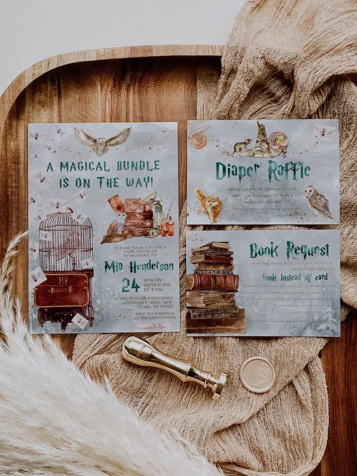 Winter Wizarding World Baby Shower Set; Christmas Magic School Baby Shower Template; School of Wizard Baby Shower invitation template; ms7