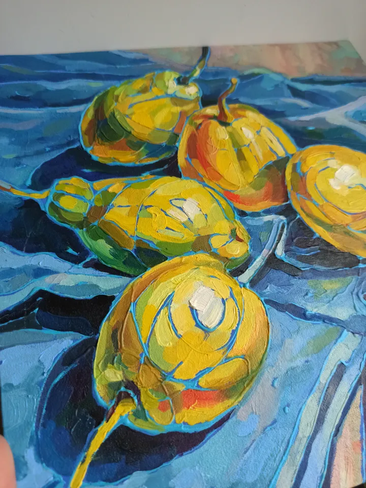 Bright still life with fruits, Pears, Original oil painting, canvas on cardboard 25x25 cm, Kitchen decor