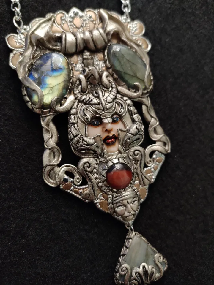 Necklace Goddess Hera, Art Nouveau style, with natural Labradorites and red agat