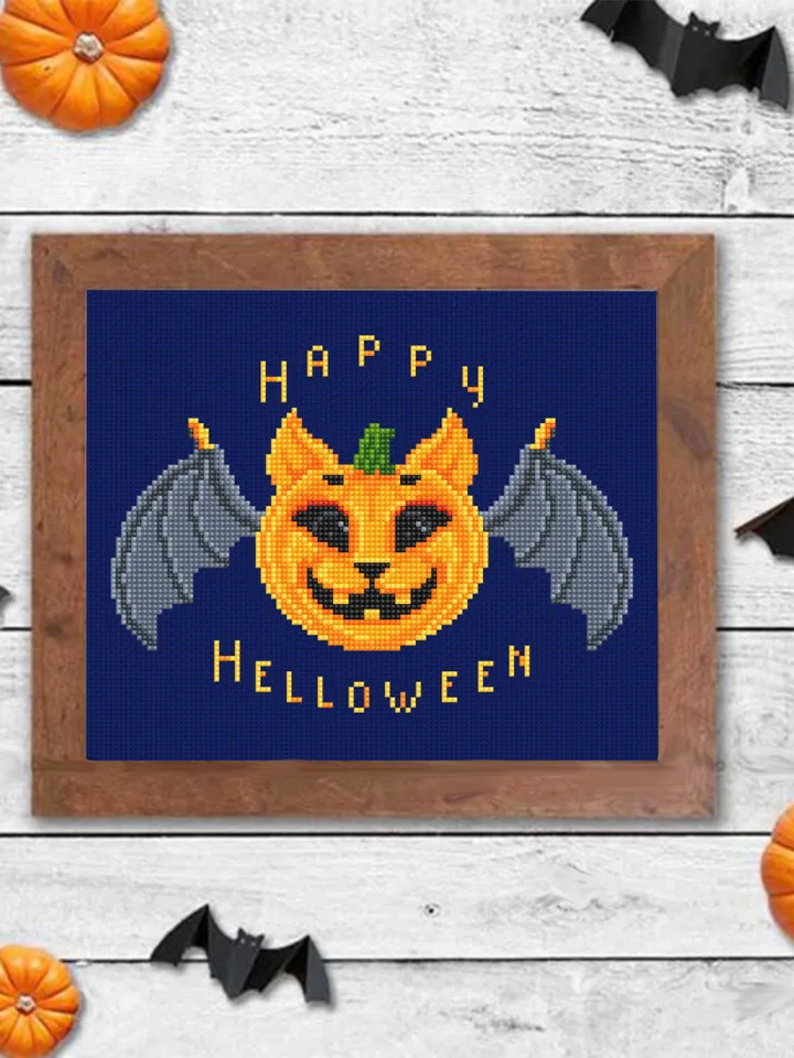 Happy Halloween cross stitch pattern download PDF Kawaii Halloween cat cross stitch Halloween quotes xstitch Cute Halloween embroidery #H4