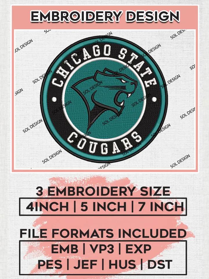 NCAA Chicago State Cougars Round Logo Embroidery, NCAA Chicago State Cougars Embroidery Design files, NCAA Teams, NCAA Machine embroidery designs, Digital Download