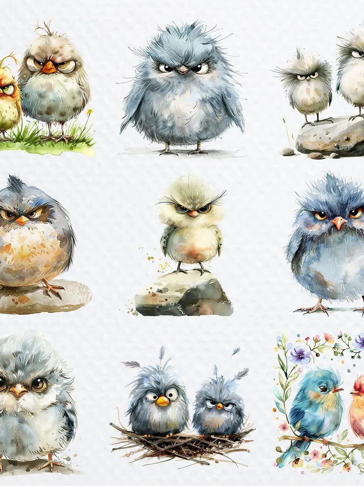 18 Grumpy Birds png Clipart, Cute Fluffy Birds png sublimation, Watercolor clipart, Digital Clipart, Birds sublimation, Printable clipart