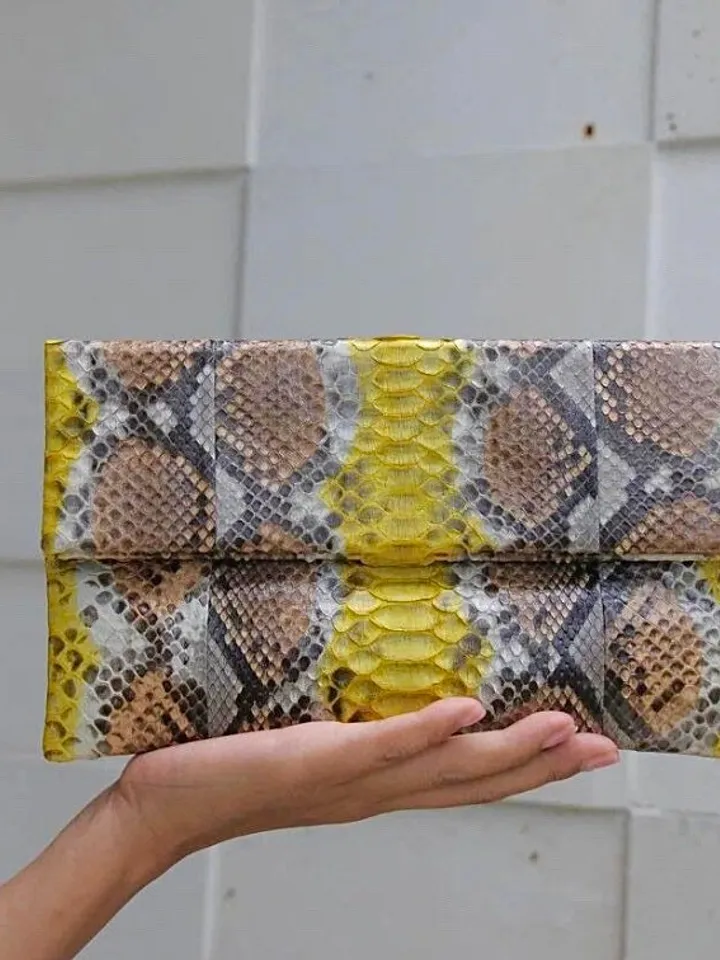 Genuine python skin yellow and brown handmade clutch, classy elegant leather envelope bag, purse, flat snake leather clutch,small clutch