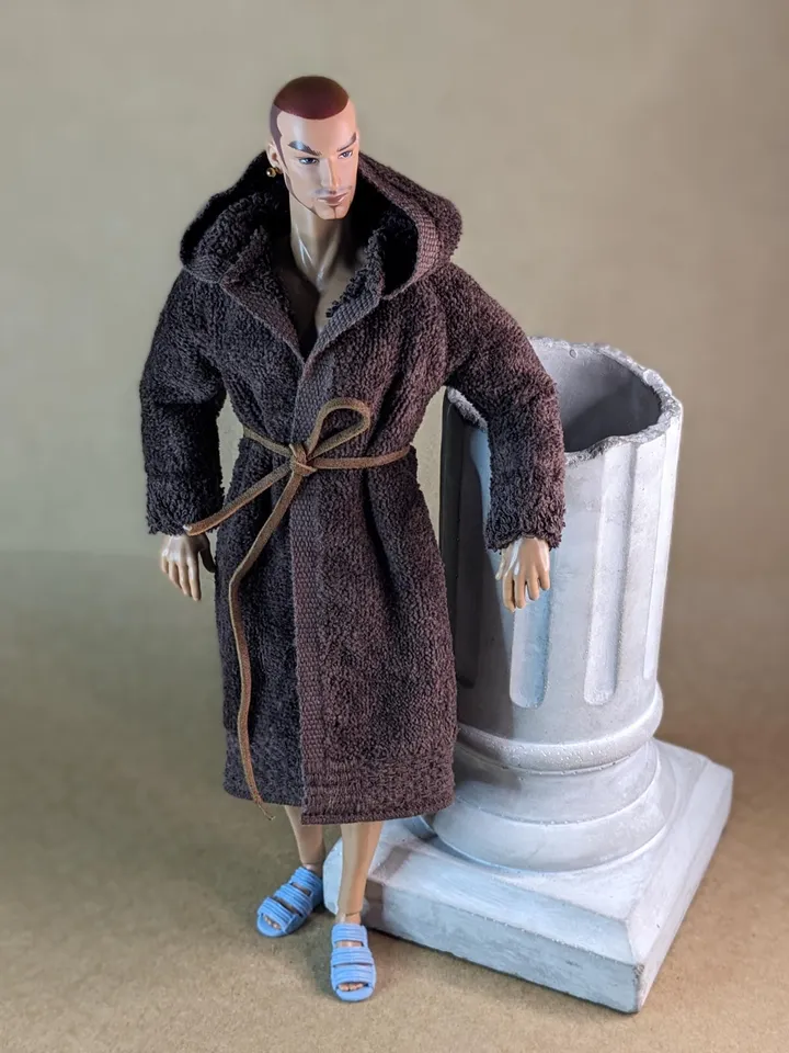 Brown terry bathrobe with a hood for 13 inch fashion male doll (FR Homme, Poppy Parker, Adonis)