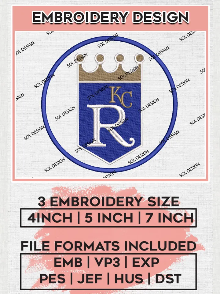 MLB Kansas City Royals Logo Machine Embroidery Files, MLB Kansas City Royals Team Embroidery, MLB Teams, 3 sizes, MLB Machine embroidery designs, Digital Download