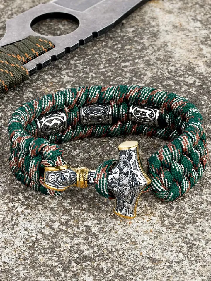 Paracord and stainless steel bracelet with Celtic runes and Thor's hammer