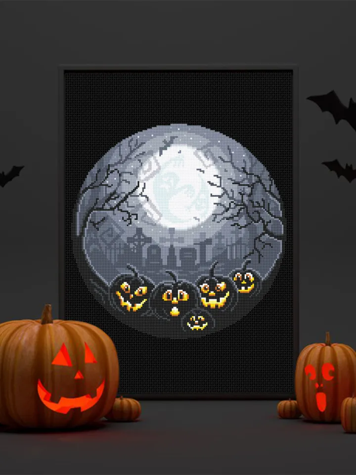 Scary Halloween cross stitch pattern download PDF, Full moon cross stitch chart, Halloween pumpkin cross stitch, Graveyard embroidery #H41