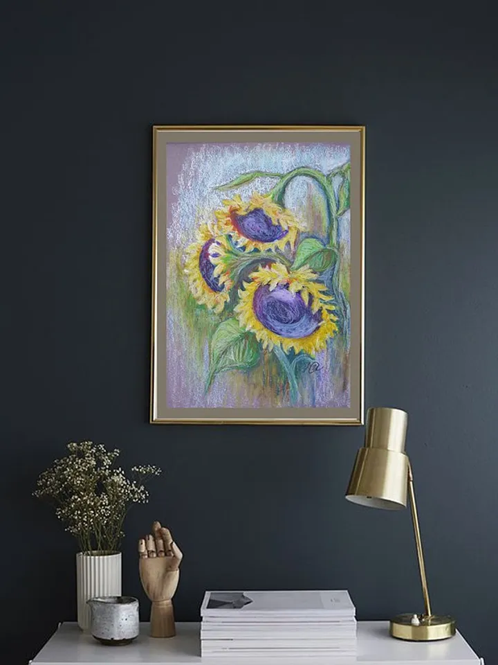 Sunflowers Painting Floral Original Art Flower Wall Art Oil Pastel Painting
