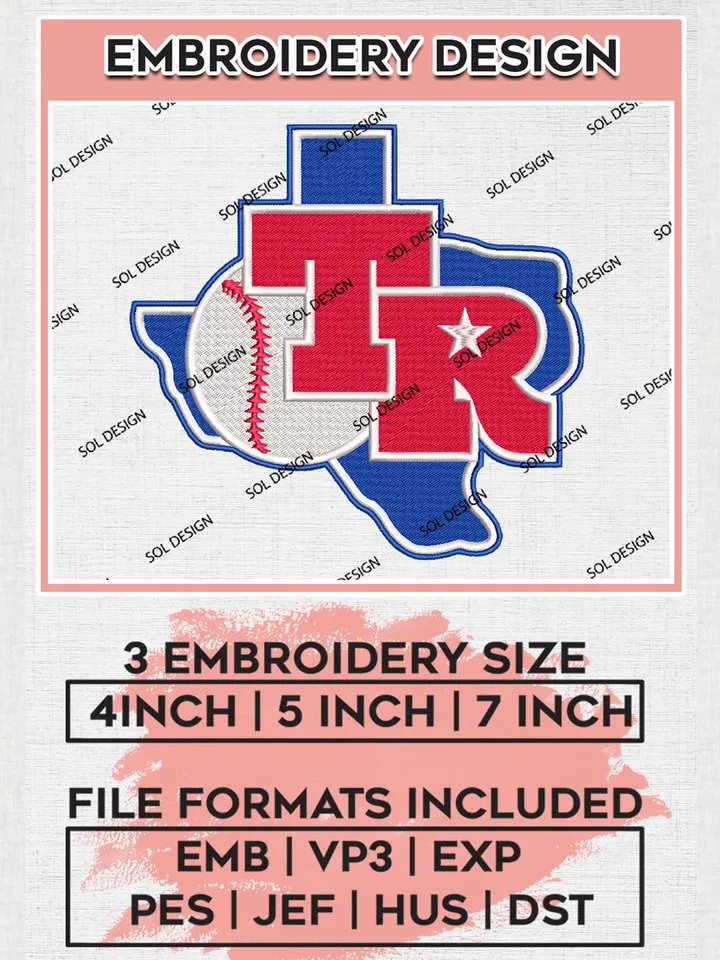 Texas Rangers Map Embroidery Design Files, MLB Texas Rangers Team Embroidery, MLB Teams, 3 sizes, MLB Machine embroidery designs, Digital Download