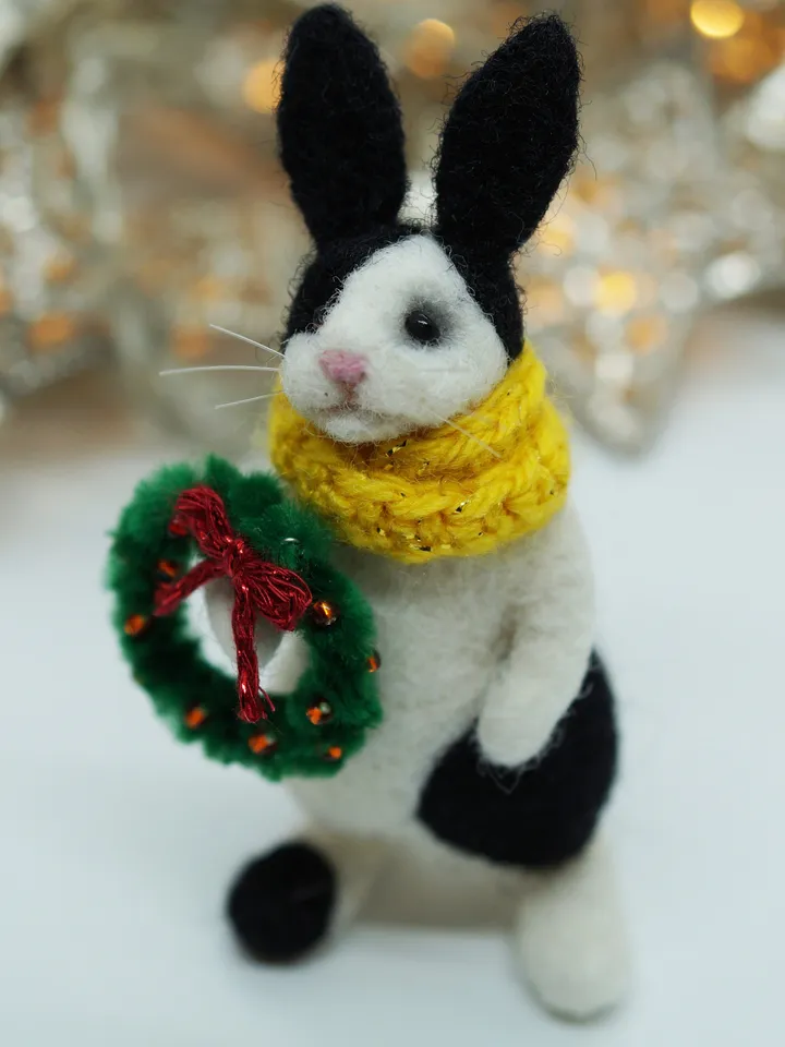 Cuddles the rabbit, needle felted black and white rabbit, Christmas gift, ships from the US