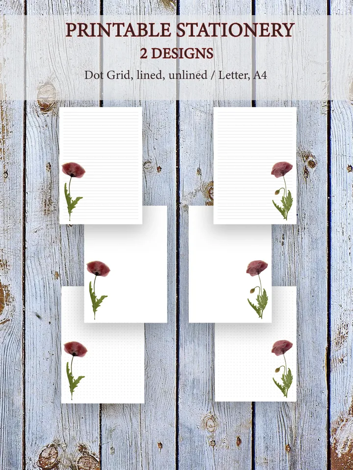 Pressed Poppys Printable Letter Writing Paper From Real Dried Plants, Cute Stationery Set, Digital Letter Writing Set