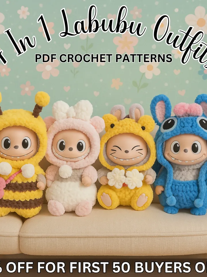 4 In 1 Labubu Stitch, Bee, Pink Bear and Winnie The Pooh Amigurumi Labubu Crochet Pattern | Crochet Labubu Pattern | Labubu Doll Crochet | Labubu Crochet Pattern, Labubu Plush, Stitich Plush