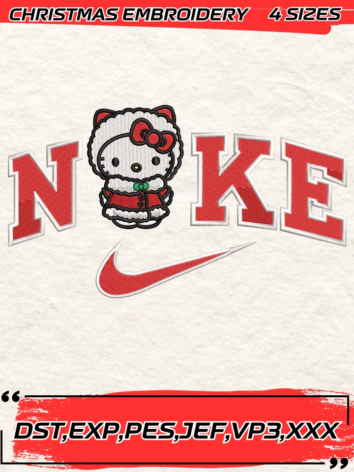 Swoosh Hello Kitty Christmas Embroidery Design,Christmas Embroidery Design,4 Sizes,Digital Download
