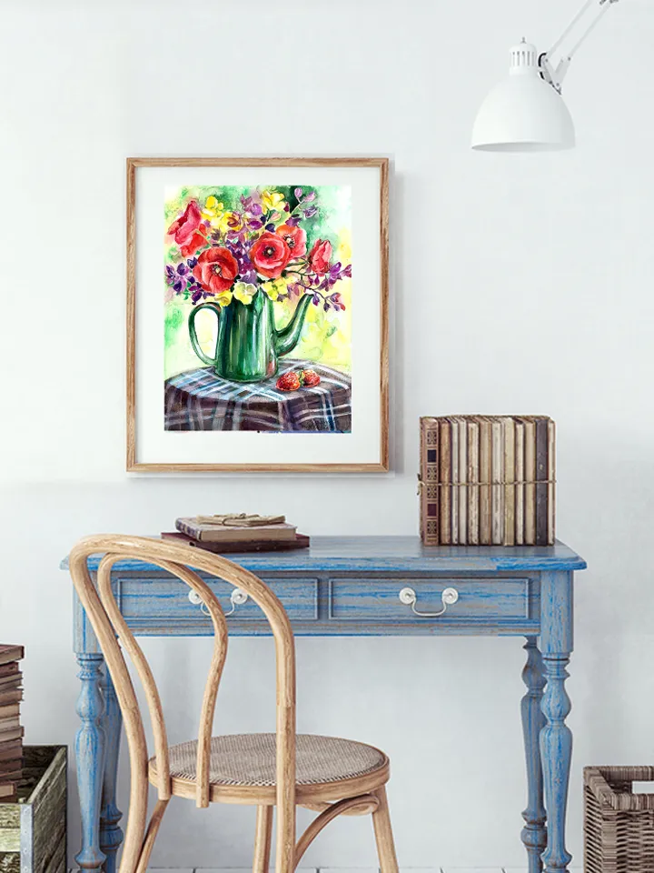 Summer bouquet with poppies, watercolor painting