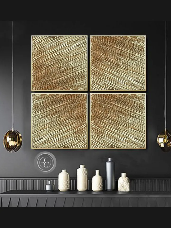 Gold Abstract Wall Art Set of 4 Original Paintings Textured art | Gold Metallic Modern wall decor Gold Leaf Art