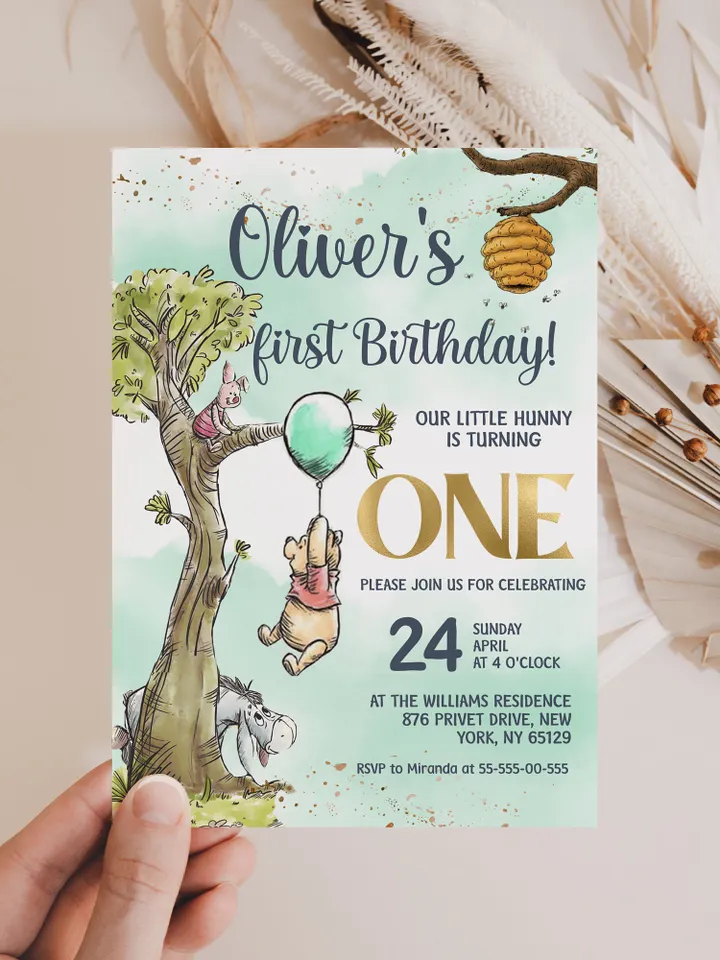 Classic Winnie Pooh Baby Birthday Invitation; Winnie Pooh Baby Birthday ; Greenery Baby Birthday; Honey Bear Birthday; Winnie Pooh wp5