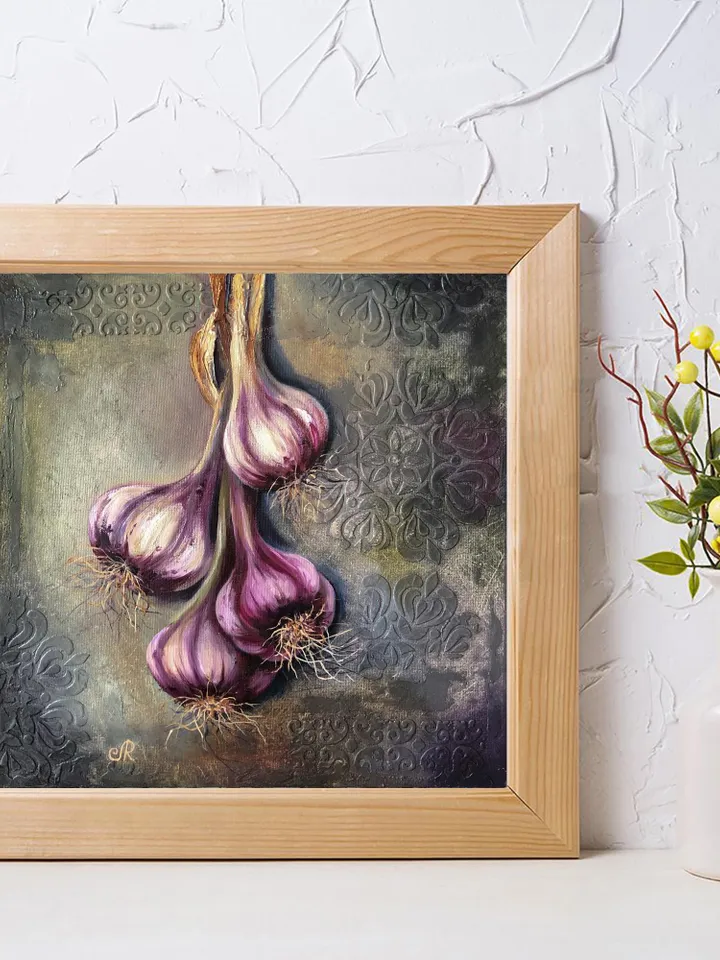 Garlic Original Painting Still life Oil Painting Vegetables Painting Food Wall Art Garlic