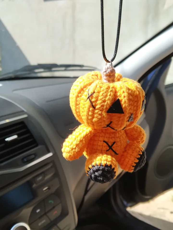 Plush Pumpkin Car Accessory, Halloween Car decor, Hanging Car interior, Rearview Mirror Keychain, Creepy Cute Plushie, stuffed pumpkin, goth car charm, kawaii car decor, gift for a guy