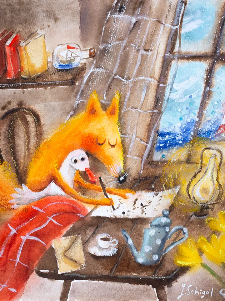 27x27cm Artwork by Julia Schigal "Letters from Afar" - watercolor, gouache, pastel