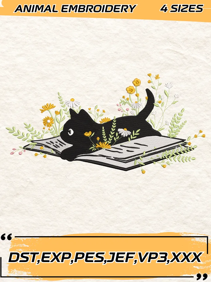Flower Cat Book Embroidery Design,Animal Embroidery Design,Cat Design,4 Sizes,Digital Download