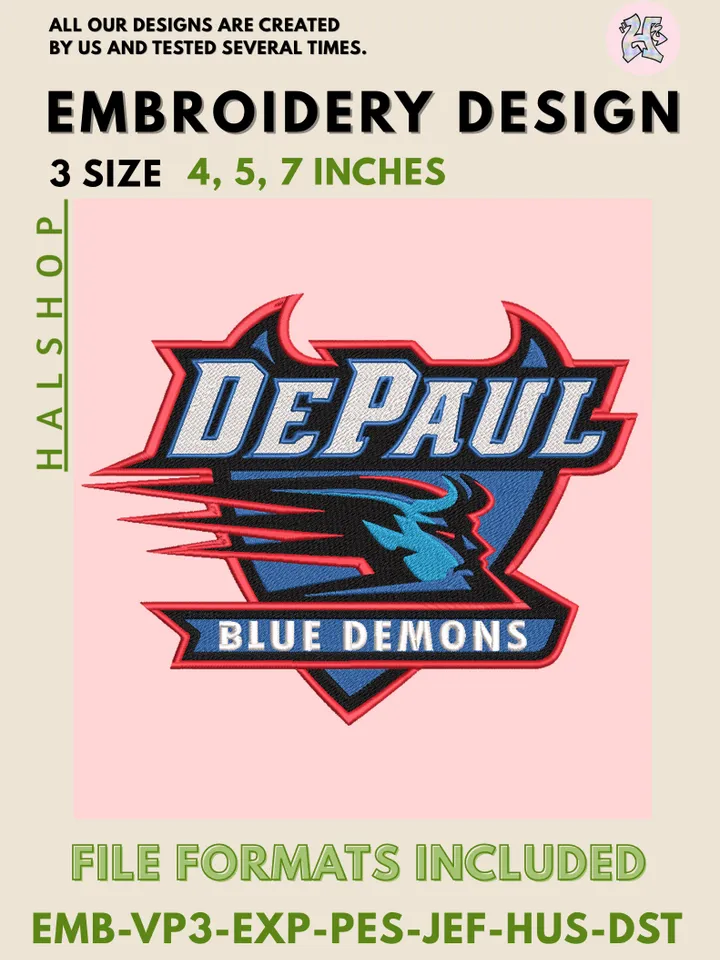 DePaul Blue Demons Machine Embroidery Design – NCAA College Sports Team Digital Embroidery File 🔵😈