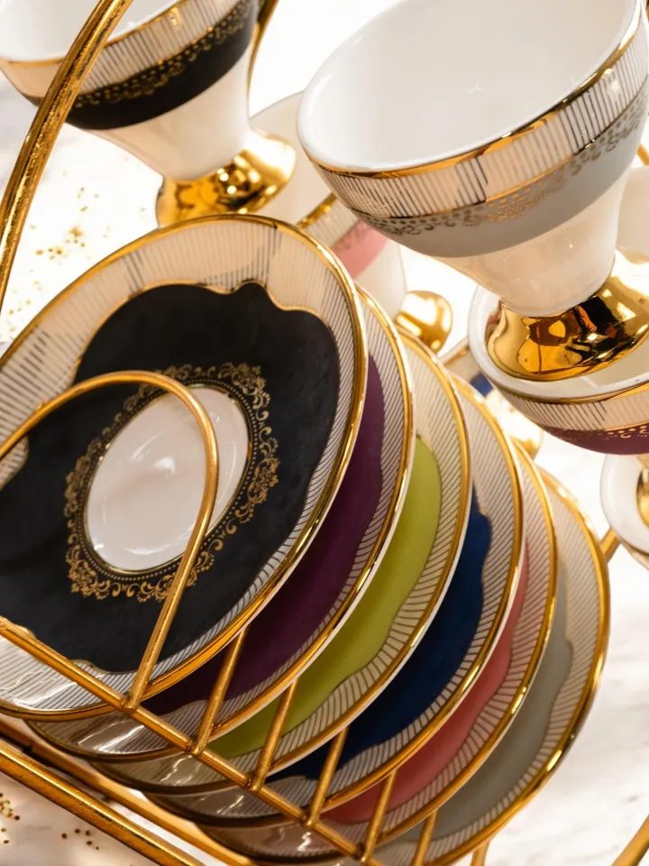 14K Genuine Gold Powder Porcelain Tea Cups And Saucers | Tea Cups Saucers Set | Gold Porcelain Set | Elegant Teaware | Gift For Tea Lovers