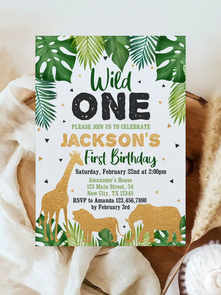 Safari Gold Birthday invitation, EDITABLE Jungle wild one Invitations, Boy 1st Birthday Invites Instant download Printable template