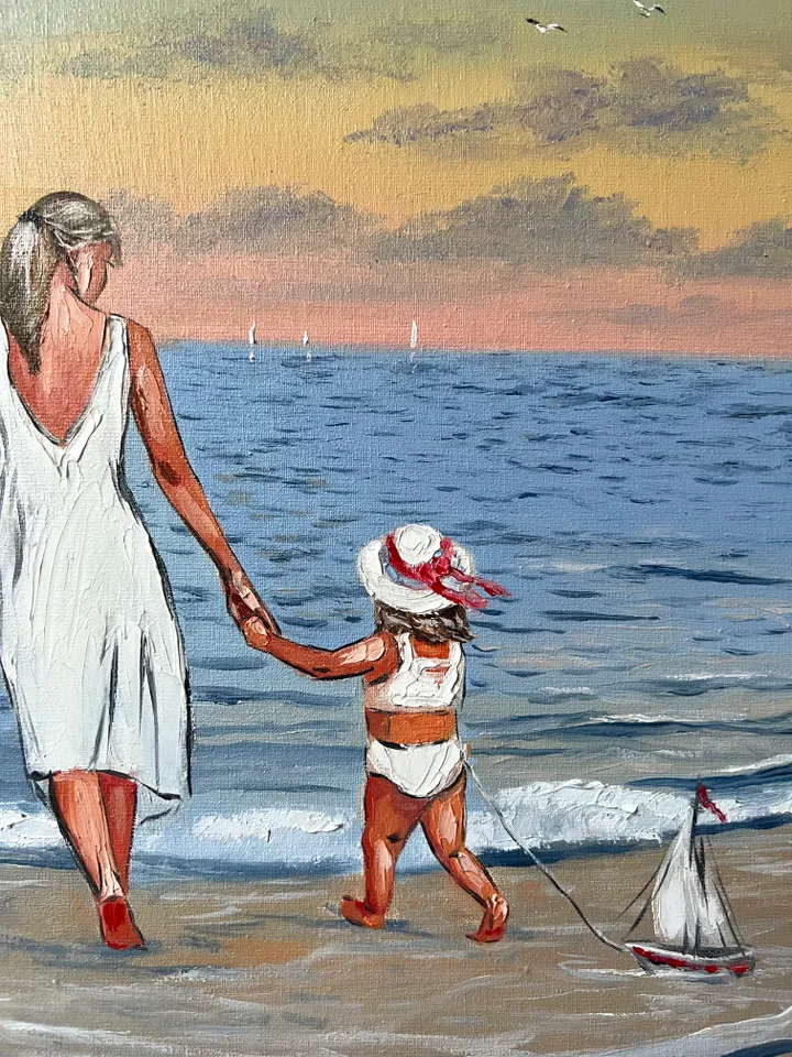 Original oil painting on canvas mom and daughter at sea seascape