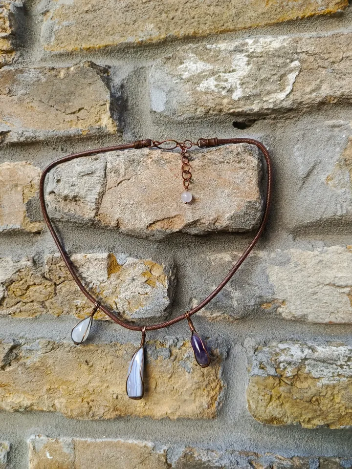 Necklace "Three stones" Moonstone Blue Agate Amethyst