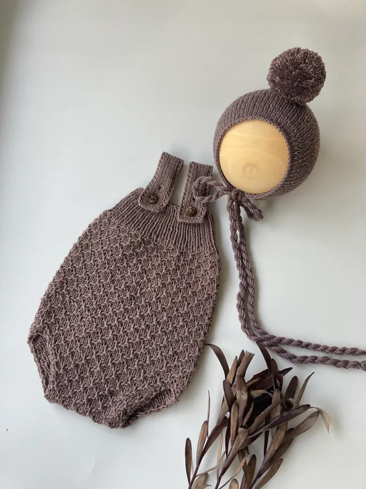 Super textured hand knitted romper. Merino romper and bonnet. Newborn photo props. Knit props