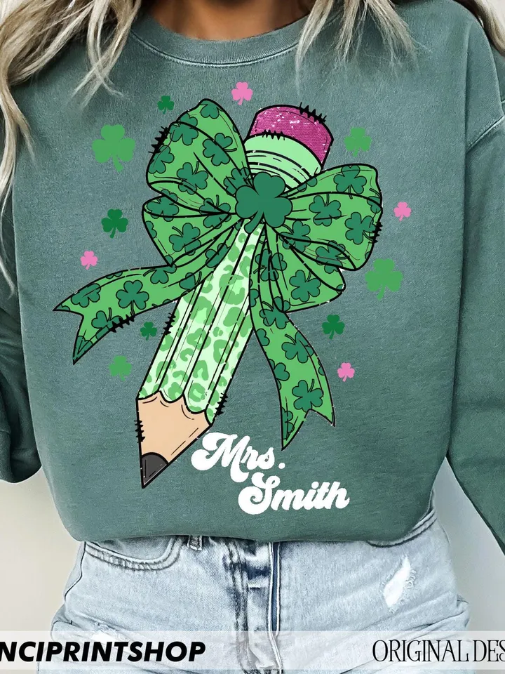 Teacher St Patrick's Coquette Bow Pencil Png, St. Patrick's Day png, Teacher Gift Png, St. Patrick's Teacher png, Teacher png, Leopard print