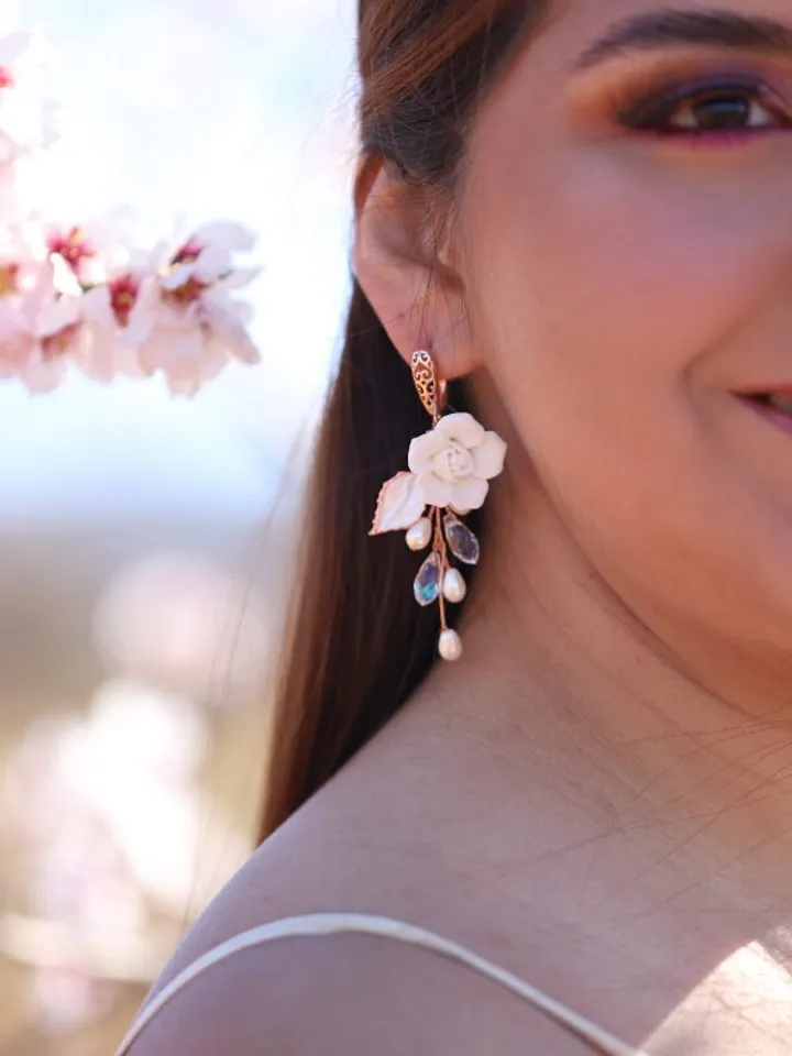Delicate Flower Boho Wedding Earrings, Rose Gold Chandelier Statement Wedding Earrings, Floral Bridal Earrings, Swarovski Crystal Jewelry