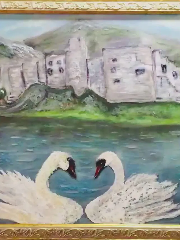 Swans on the lake,stained glass art,mix media art,painting on glass pastel painting,one of a kind.