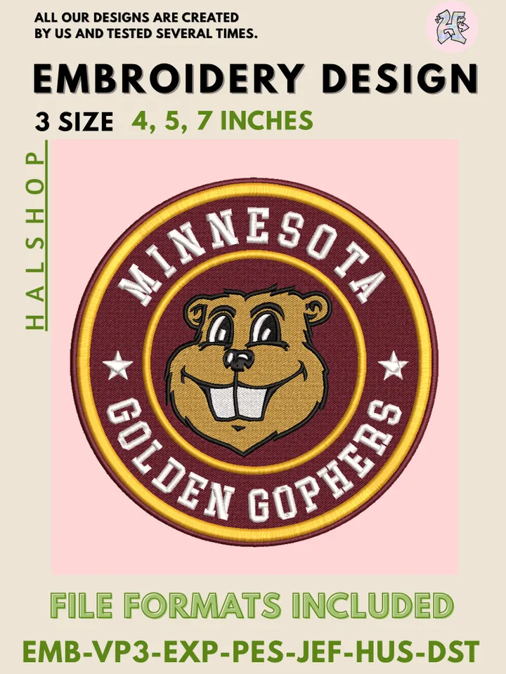 NCAA Minnesota Golden Gophers Round Logo Embroidery, NCAA Minnesota Golden Gophers Logo Embroidery Files, NCAA Teams, Machine Embroidery Designs, Digital Download