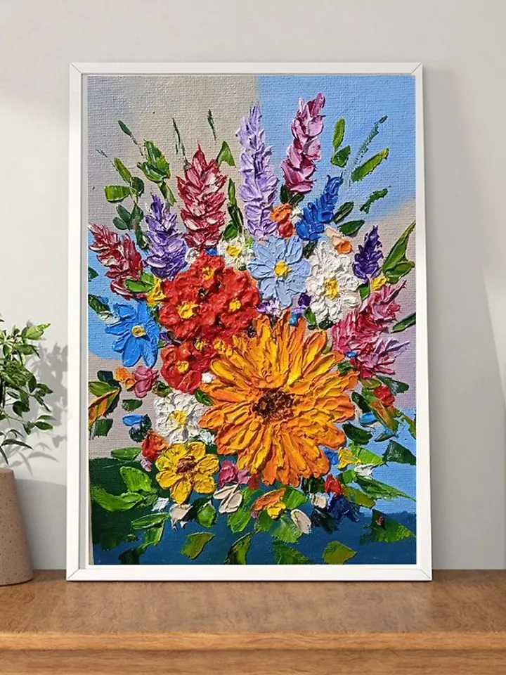 Oil Painting Bright Flowers Chamomile Sunflowers Impasto Art Miniature 15x20 cm